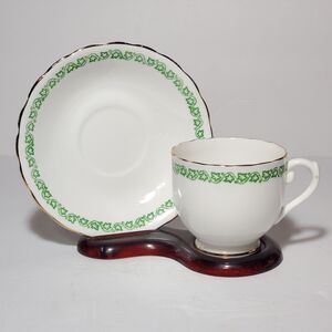 English Castle Teacup and Saucer Green Leaves Vintage